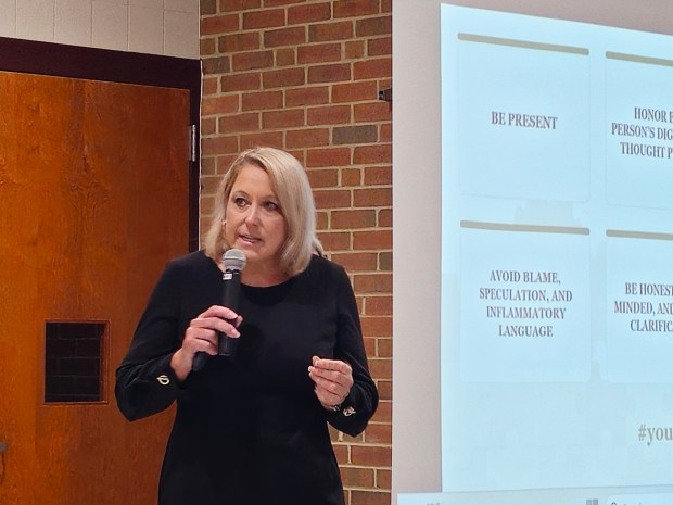 Gov. Mifflin School District superintendent Dr. Lisa Hess warned district residents about unverified information circulating online. "We need to stop posting nonsense, lies, disinformation. It helps no one," she said. (MICHELLE LYNCH/READING EAGLE)