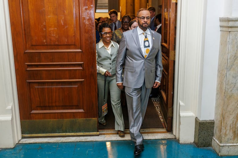 Councilmember Curtis Jones Jr. leaving the caucus room to attend a budget address from Mayor Cherelle L. Parker in City Hall on March 13, 2025.