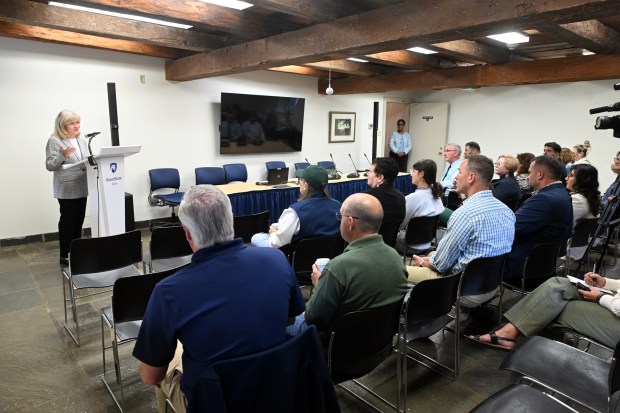 State Sen. Judy Schwank welcomes state and local agricultural leaders during an agriculture update event in the Janssen Conference Center at the Penn State Berks campus on Friday, Sept. 25, 2026.(BILL UHRICH/READING EAGLE)