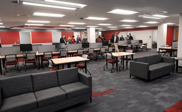 Visitors tour the circulation area in the Joyce Family Foundation Learning Commons at Albright College on Saturday, Sept. 26, 2026. (BILL UHRICH/READING EAGLE)