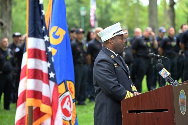 Reading Fire Chief Robert Leonard II speaks during Reading's commemoration of the 25th Anniversary of Sept. 11, 2001, on Friday in City Park.   (BILL UHRICH/READING EAGLE)