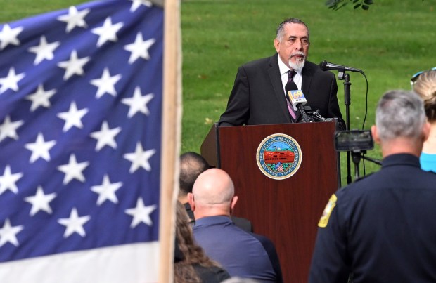 Mayor Eddie Moran speaks during Reading's commemoration of the 25th Anniversary of Sept. 11, 2001, on Friday in City Park.   (BILL UHRICH/READING EAGLE)