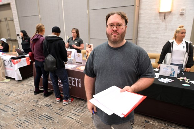 Matthew Schwambach of Muhlenberg Township was among hundreds to check out the career fair hosted by Connections Work at the DoubleTree by Hilton Hotel on Monday, Sept. 21, 2026, that helps connect those with criminal records with employment and resources. (BILL UHRICH/READING EAGLE)