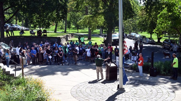 Labor leader Joe Scoboria emcees the proceedings during a Labor Day flag raising event in City Park on Monday, Sept. 7, 2026. (BILL UHRICH/READING EAGLE)