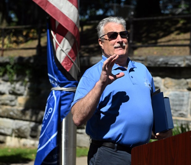 Mark Pinkasavage of Muhlenberg Township, a member of Local 743 of the International Brotherhood of Electrical Workers, speaks after being named the United Labor Council's person of the year during a Labor Day flag raising event in City Park on Monday, Sept. 7, 2026. (BILL UHRICH/READING EAGLE)