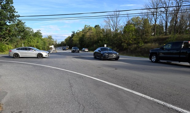PennDOT is considering a roundabout at the intersection of Route 183 and North Heidelberg Road in Penn Township. Local residents say the speed and volume of traffic on Route 183 makes it difficult to pull out from North Heidelberg Road. (BILL UHRICH/READING EAGLE)