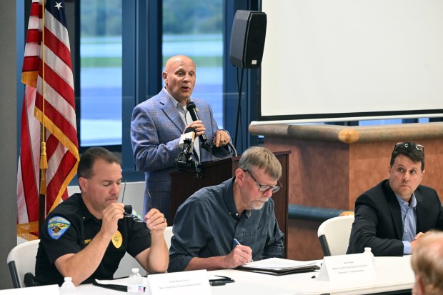 State Rep. Eric Weaknecht leads a public forum on Route 183 concerns at Reading Regional Airport on Tuesday, Sept. 22, 2026. Seated, from left, are Bern Township Police Chief Brett Forry, Berks County transportation planner Alan Piper and PennDOT consultant project manager Michael McGuire. (BILL UHRICH/READING EAGLE)