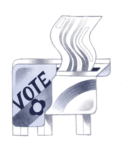 An illustration of a mail in ballot drop box on a white background.