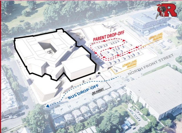 Conceptual plans for a new Riverside Elementary School show separate parent and school bus drop-off areas intended to improve traffic flow and increase student safety. (Courtesy of Reading School District)
