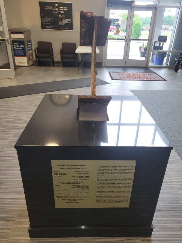 Another view of the piece of steel from the World Trade Center from the Sept. 11, 2001, terrorist attacks on display at the lobby of the Dickson City Borough Building. (Courtesy of Cesare Forconi)