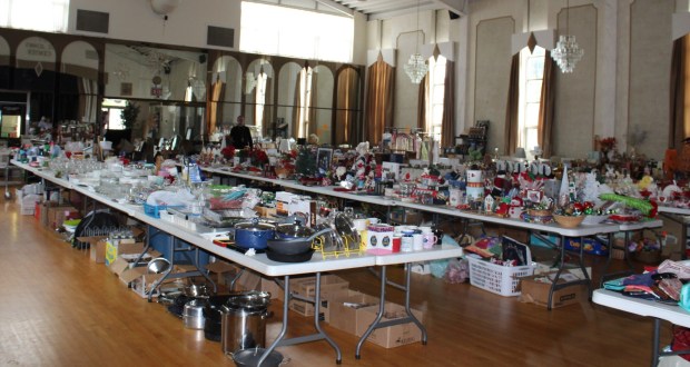 Tables of the many items available for sale at St. John's Russian Orthodox Cathedral annual flea market in Mayfield. (Danielle Karwaski/For The Valley Advantage)