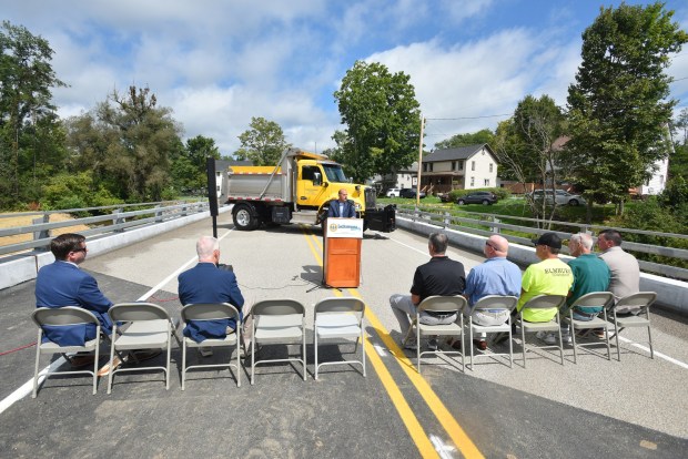 Lackwanna County Engineer Frank Summa announces the opening of the G.C. Smith Street Bridge in Elmhurst Township during a ceremony Thursday, September 3, 2026. (SEAN MCKEAG / STAFF PHOTOGRAPHER)