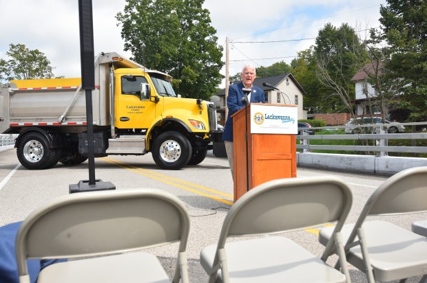 Lackawanna County Commissioner Thom Welby speaks during a ceremony marking the opening of the G.C. Smith Street Bridge in Elmhurst Township during a ceremony Thursday, September 3, 2026. (SEAN MCKEAG / STAFF PHOTOGRAPHER)