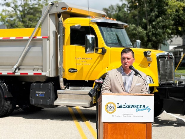 District Executive for PennDOT's Engineering District 4 Jonathan Eboli speaks during a ceremony marking the opening of the G.C. Smith Street Bridge in Elmhurst Twp. Thursday, September 3, 2026. (SEAN MCKEAG / STAFF PHOTOGRAPHER)