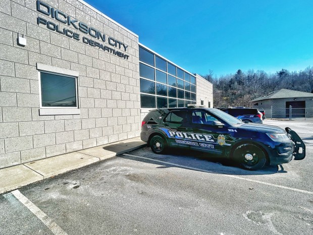 A Dickson City police vehicle is parked in front of the Dickson City Police Dept. Monday, March 2, 2026. (SEAN MCKEAG / STAFF PHOTOGRAPHER)