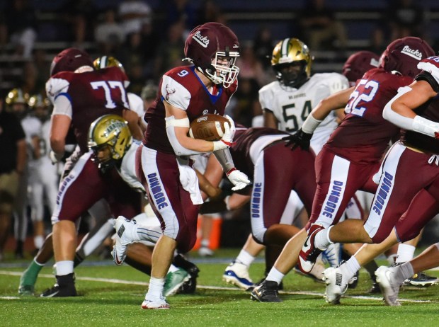 Dunmore's Weston Yannone runs against Wyoming Area to start the second half at Dunmore Veterans Memorial Stadium Friday, August 28, 2026. (SEAN MCKEAG / STAFF PHOTOGRAPHER)