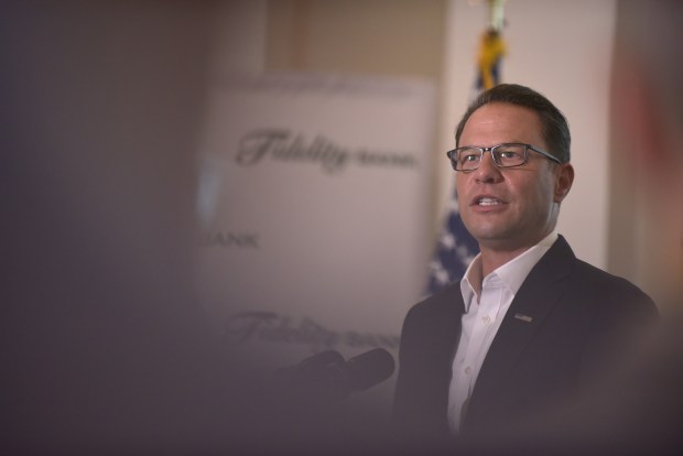 Gov. Josh Shapiro offers remarks at an event marking the completion of the restoration of the Fidelity Bank Headquarters on Linden Street in Scranton on Friday, Sept. 18, 2026. (CHAD SEBRING/STAFF PHOTO)