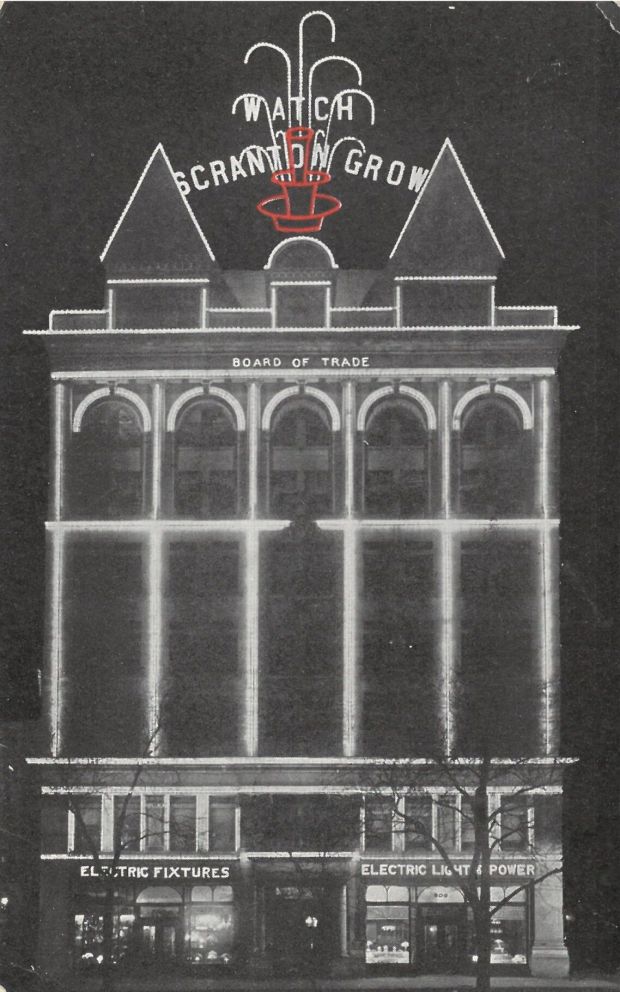 The "Watch Scranton Grow" sign atop the former Board of Trade building at 507 Linden St. in downtown Scranton. (FROM THE COLLECTION OF THE LACKAWANNA HISTORICAL SOCIETY)