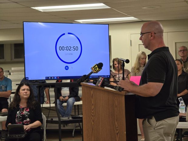 Archbald resident Michael Pilch shares his fears about how data centers could impact water and electricity in his testimony during a zoning hearing at St. Thomas Aquinas Church, Archbald, on Monday, Sept. 29, 2025. (FRANK WILKES LESNEFSKY / STAFF PHOTO)