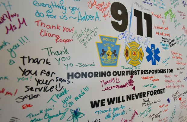 A banner honoring first responders was signed by students of the Career Technology Center of Lackawanna County during its annual First Responder Luncheon at the school in Scranton Thursday, September 10, 2026. (SEAN MCKEAG / STAFF PHOTOGRAPHER)