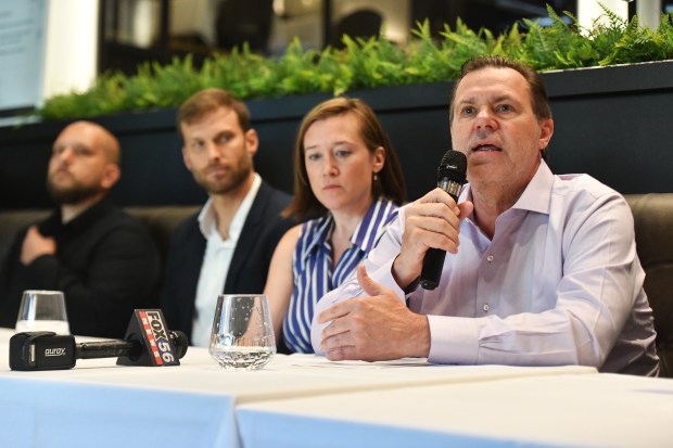 Brian Long, a co-founder of New York-based film production company Cardinal Flix, speaks about the film 'Arachnophilia' during a press conference at A'tera 519 in downtown Scranton Tuesday, June 9, 2026. (SEAN MCKEAG / STAFF PHOTOGRAPHER)