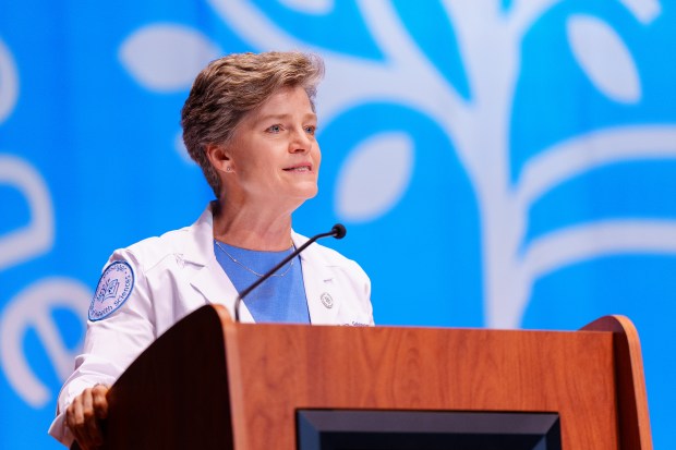 Geisinger College of Health Sciences President and Dean Julie Byerley delivers a speech during the Class of 2030 White Coat Ceremony at the Sette LaVerghetta Center for the Performing Arts in Scranton, Pa., on Friday, Aug. 7, 2026. (ISAAC DIAZ/STAFF PHOTO)