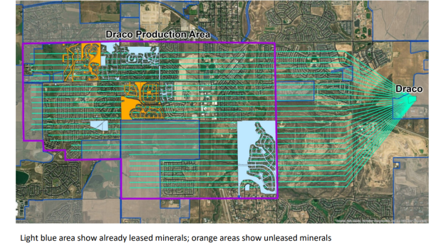 Erie's leased minerals within a Draco drilling map are marked in blue, and the town's unleased minerals are marked in orange, in a June presentation to the Town Council. (Courtesy image / Town of Erie)