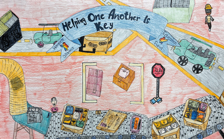 A hand-drawn scene shows food donations, canned goods, helicopters and a banner reading “Helping One Another Is Key.” A worker stands near roads, and supplies are labeled for education and children.