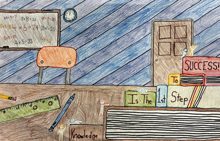 Colorful classroom drawing showing a chair, books, ruler, pencils, whiteboard with math problems, and a sign reading “Knowledge is the 1st step to success!"