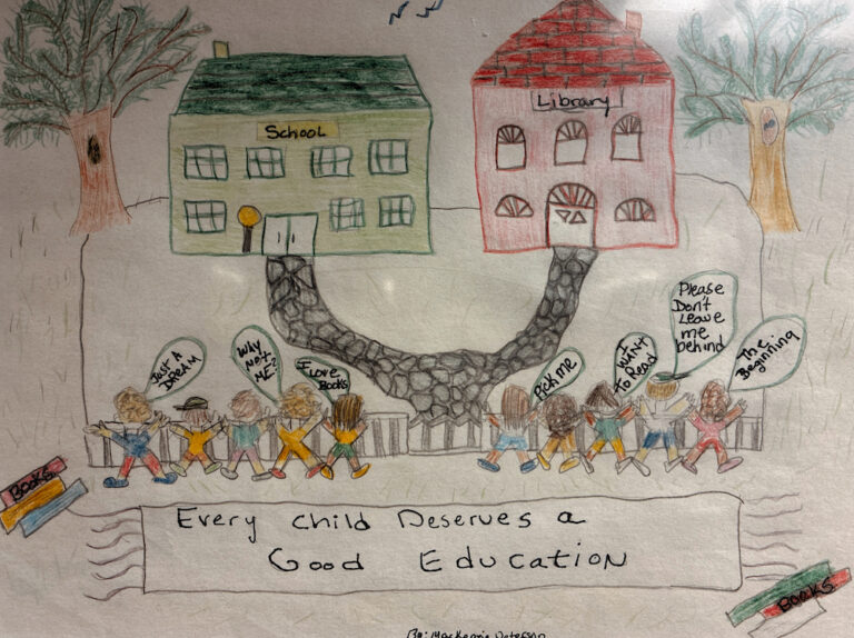 Children walk on a stone path from a school to a library, carrying books and signs with messages about reading and education. Banner below reads, “Every child deserves a good education.”