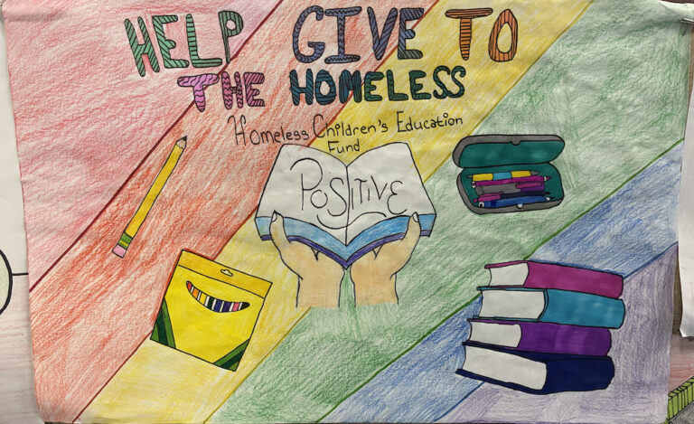 Hand-drawn poster with rainbow background urging support for homeless children’s education, featuring books, pencils, crayons and hands holding an open book labeled “Positive.”
