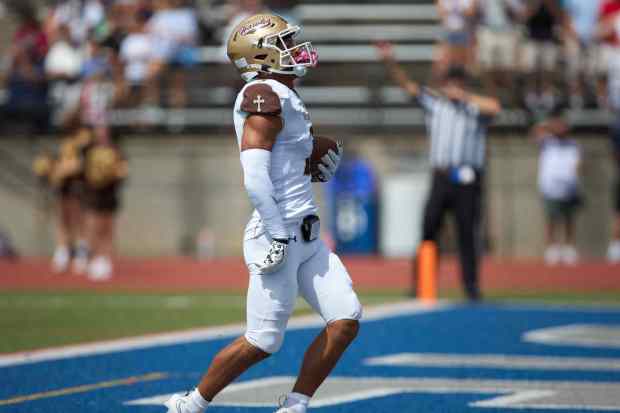 Bethlehem Catholic's Carter Vassa celebrates a touchdown against Allentown Central Catholic on Saturday, Sept. 5, 2026, at J. Birney Crum Stadium n Allentown. (David Garrett/Special to The Morning Call)