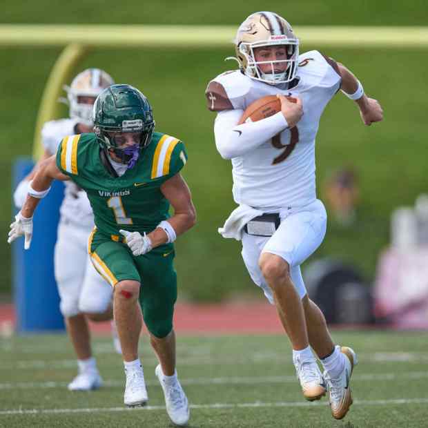 Bethlehem Catholic's Axel Burkart is pursued by Allentown Central Catholic's Grayson Schmell  on Saturday, Sept. 5, 2026, at J. Birney Crum Stadium in Allentown. (David Garrett/Special to The Morning Call)