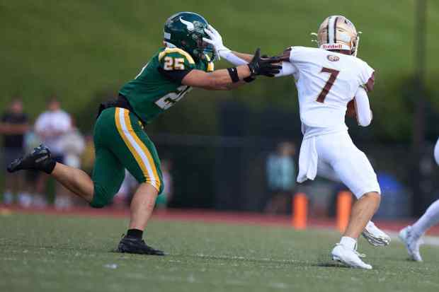 Bethlehem Catholic's Antonio Salomoni gets past Allentown Central Catholic's John Kowal on Saturday, Sept. 5, 2026, at J. Birney Crum Stadium. (David Garrett/Special to The Morning Call)