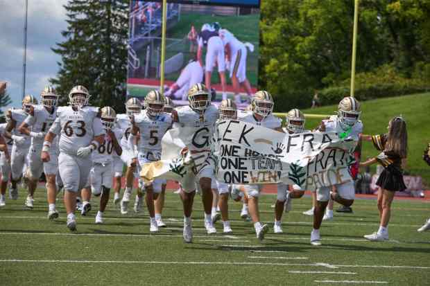 Pregame activities occur before the Bethlehem Catholic-Allentown Central Catholic football game Saturday, Sept. 5, 2026, at J. Birney Crum Stadium. (David Garrett/Special to The Morning Call)