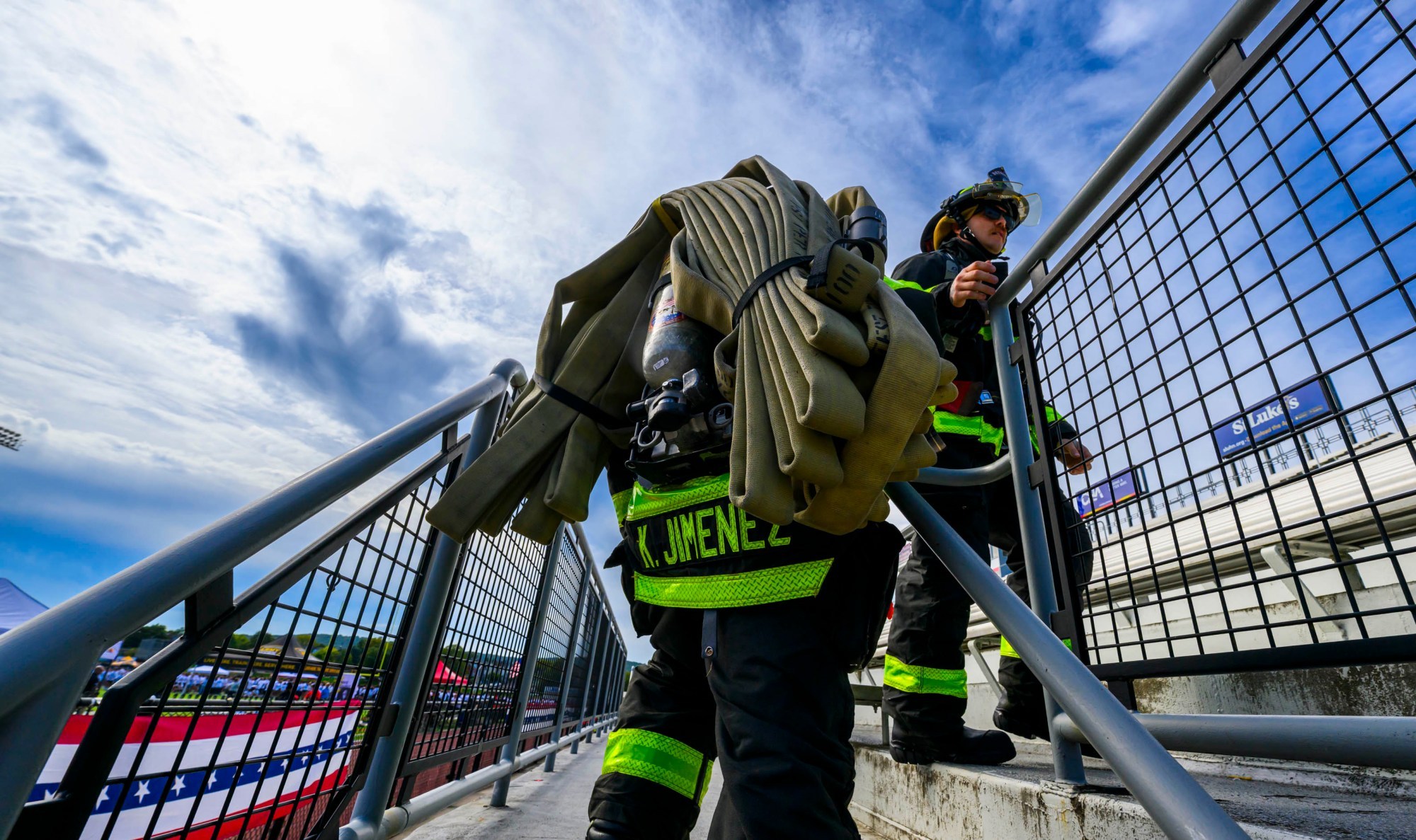 City of Bethlehem firefighters Kyle Jimenez and Kyle Pochek and Liberty students Hannah Broadhead and Anthony Zappa climb the stadium steps Friday, Sept. 11, 2026, during "The Climb" event at BASD Stadium in Bethlehem. Bethlehem Area high school students, staff, first responders, military personnel and community partners came together for a student-centered 9/11 remembrance event in which students from Freedom and Liberty High Schools climbed the stadium steps, walked the track and engaged in other activities to remember the lives lost 25 years ago. The goal was to climb 2,200 stairs or walk three miles, symbolizing 110 flights of stairs in one of the World Trade Center towers. (April Gamiz/The Morning Call)