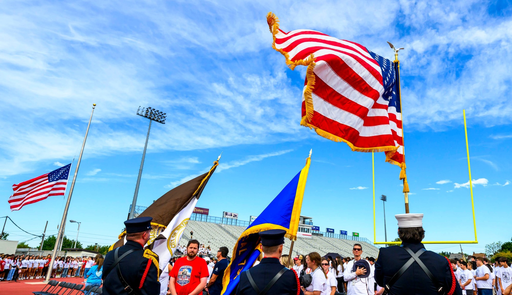 Over 2,300 students, local firefighters and others gather Friday, Sept. 11, 2026, for "The Climb" event at BASD Stadium in Bethlehem. Bethlehem Area high school students, staff, first responders, military personnel and community partners came together for a student-centered 9/11 remembrance event in which students from Freedom and Liberty High Schools climbed the stadium steps, walked the track and engaged in other activities to remember the lives lost 25 years ago. The goal was to climb 2,200 stairs or walk three miles, symbolizing 110 flights of stairs in one of the World Trade Center towers.(April Gamiz/The Morning Call)