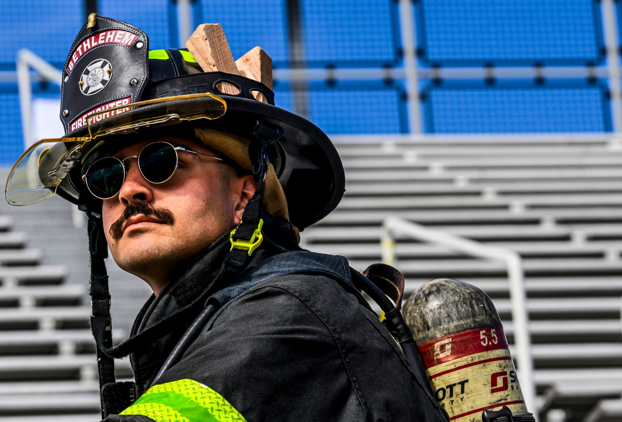 Bethlehem firefighter Brandon Shanley prepares to climb the steps Friday, Sept. 11, 2026, at BASD Stadium in Bethlehem. Bethlehem Area high school students, staff, first responders, military personnel and community partners came together for a student-centered 9/11 remembrance event in which students from Freedom and Liberty High Schools climbed the stadium steps, walked the track and engaged in other activities to remember the lives lost 25 years ago. The goal was to climb 2,200 stairs or walk three miles, symbolizing 110 flights of stairs in one of the World Trade Center towers. (April Gamiz/The Morning Call)