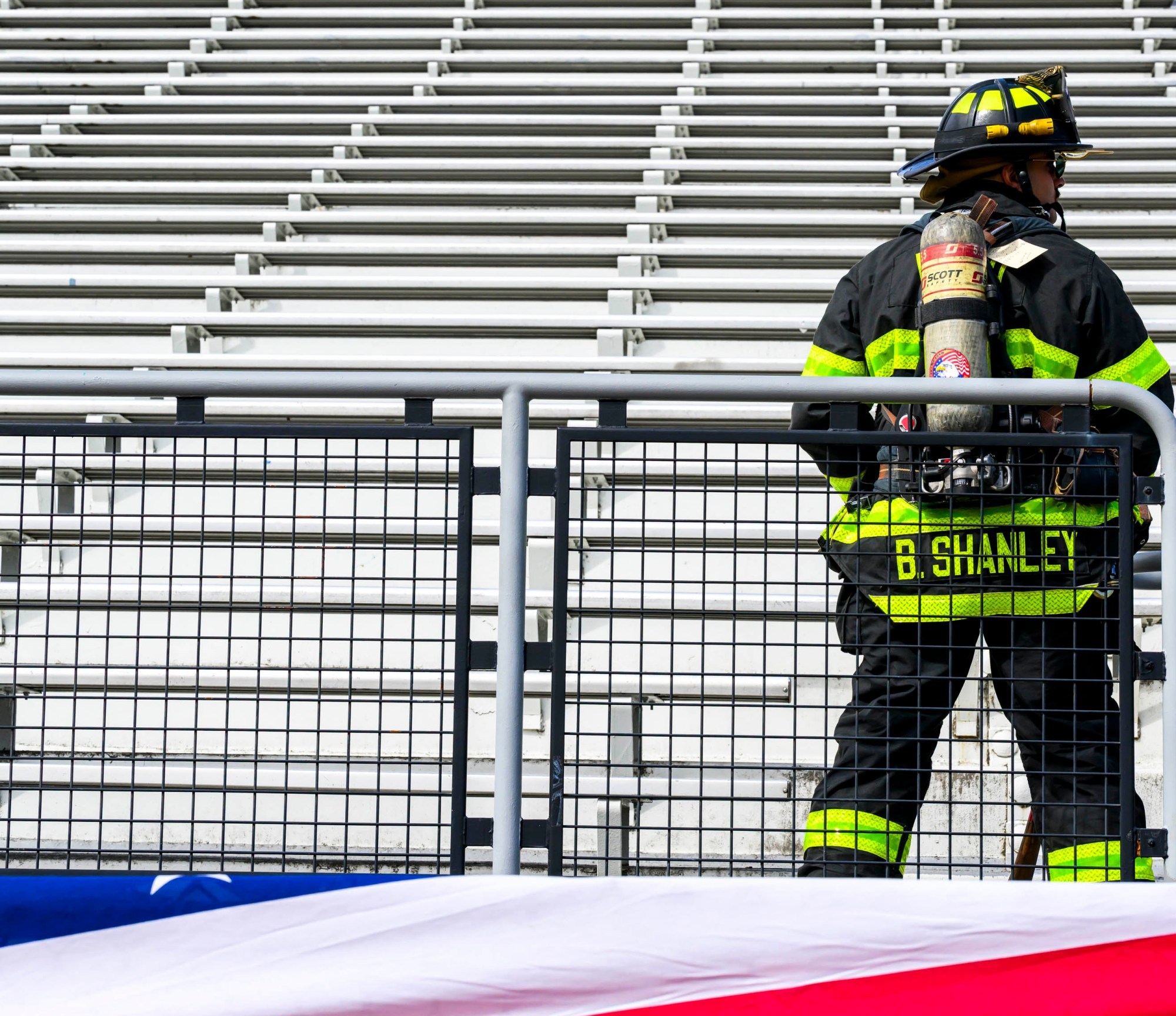 Bethlehem firefighter Brandon Shanley prepares to climb the steps Friday, Sept. 11, 2026, at BASD Stadium in Bethlehem. Bethlehem Area high school students, staff, first responders, military personnel and community partners came together for a student-centered 9/11 remembrance event in which students from Freedom and Liberty High Schools climbed the stadium steps, walked the track and engaged in other activities to remember the lives lost 25 years ago. The goal was to climb 2,200 stairs or walk three miles, symbolizing 110 flights of stairs in one of the World Trade Center towers. (April Gamiz/The Morning Call)