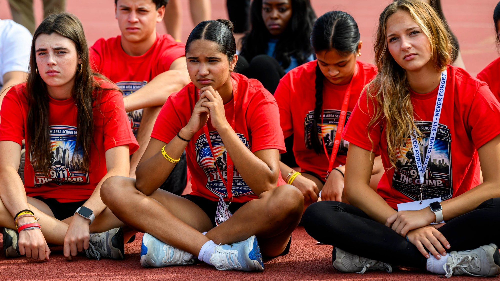 Over 2,300 students and others gather Friday, Sept. 11, 2026, for "The Climb" event at BASD Stadium in Bethlehem. Bethlehem Area high school students, staff, first responders, military personnel and community partners came together for a student-centered 9/11 remembrance event in which students from Freedom and Liberty High Schools climbed the stadium steps, walked the track and engaged in other activities to remember the lives lost 25 years ago. The goal was to climb 2,200 stairs or walk three miles, symbolizing 110 flights of stairs in one of the World Trade Center towers.(April Gamiz/The Morning Call)