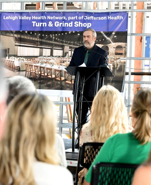 Patrick Browne, Pennsylvania Secretary of Revenue addresses attendees during a beam-signing ceremony Friday, Sept. 18, 2026, at the new Jefferson Health Turn & Grind Shop at SteelStacks in Bethlehem. ArtsQuest leadership, elected officials, Lehigh Valley Health Network/Jefferson Health representatives, project partners and community leaders signed a steel beam that will become part of the revitalized building. (Monica Cabrera/The Morning Call)