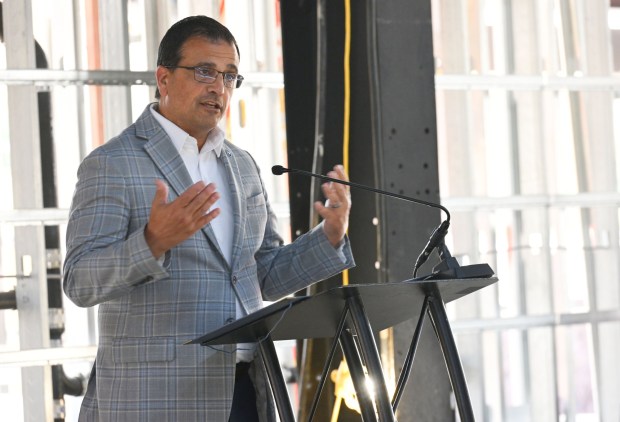 Bob Begliomini, executive vice president Lehigh Valley region for Jefferson Health, addresses attendees during a beam-signing ceremony Friday, Sept. 18, 2026, at the new Jefferson Health Turn & Grind Shop at SteelStacks in Bethlehem. ArtsQuest leadership, elected officials, Lehigh Valley Health Network/Jefferson Health representatives, project partners and community leaders signed a steel beam that will become part of the revitalized building. (Monica Cabrera/The Morning Call)