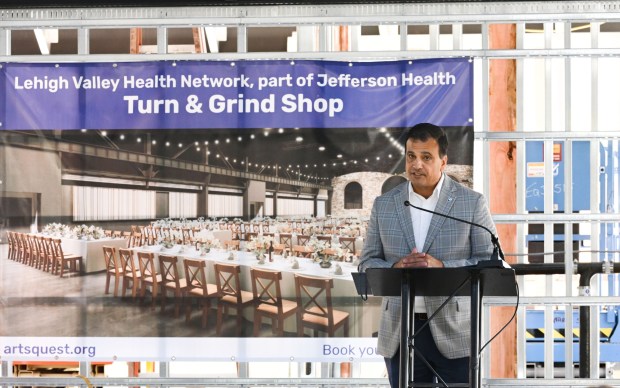 Bob Begliomini, executive vice president Lehigh Valley region for Jefferson Health, addresses attendees during a beam-signing ceremony Friday, Sept. 18, 2026, at the new Jefferson Health Turn & Grind Shop at SteelStacks in Bethlehem. ArtsQuest leadership, elected officials, Lehigh Valley Health Network/Jefferson Health representatives, project partners and community leaders signed a steel beam that will become part of the revitalized building. (Monica Cabrera/The Morning Call)