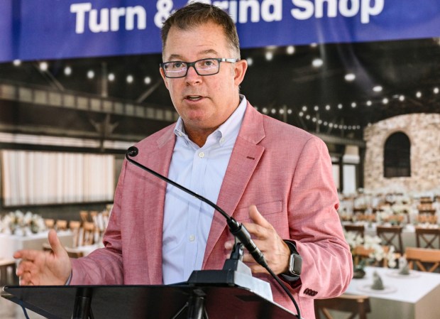 ArtsQuest Chief Operating Officer, Curt Mosel, addresses attendees Friday, Sept. 18, 2026, during a beam-signing ceremony at the new Jefferson Health Turn & Grind Shop at SteelStacks in Bethlehem. ArtsQuest leadership, elected officials, Lehigh Valley Health Network/Jefferson Health representatives, project partners and community leaders signed a steel beam that will become part of the revitalized building. (Monica Cabrera/The Morning Call)