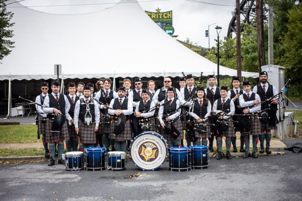 Members of the Carnegie Mellon Pipes and Drums of Pittsburgh take a picture Sunday, Sept. 27, 2026, during the Celtic Classic Festival in Bethlehem. (Jonathan Broady/Special to The Morning Call)