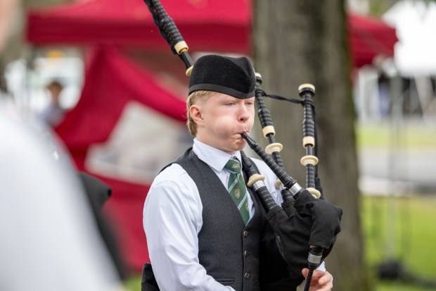 Connor Finni-Tedesco of the St. Columcille United Gaelic Pipe Band of Kearny, N.J., plays the bagpipes Sunday, Sept. 27, 2026, during the Celtic Classic Festival in Bethlehem. (Jonathan Broady/Special to The Morning Call)