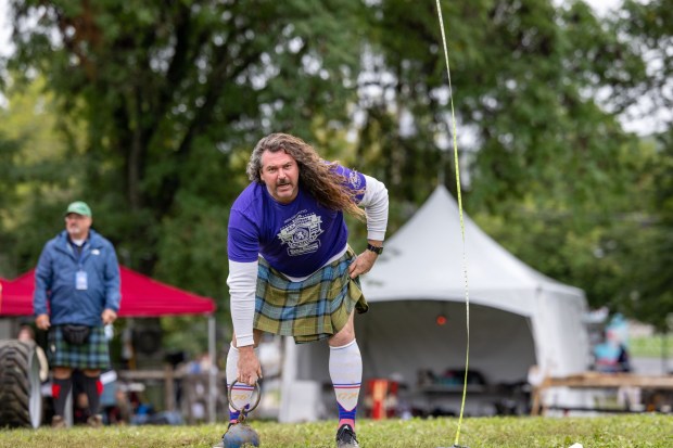 Colin Dunbar takes part in the 56-pound weight-for-height competition Sunday, Sept. 27, 2026, during the Celtic Classic Festival in Bethlehem. (Jonathan Broady/Special to The Morning Call)