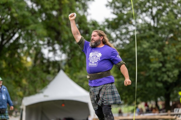 A competitor takes part in the 56-pound weight-for-height competition Sunday, Sept. 27, 2026, during the Celtic Classic Festival in Bethlehem. (Jonathan Broady/Special to The Morning Call)Morning Call)