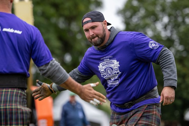 A competitor takes part in the 56-pound weight-for-height competition Sunday, Sept. 27, 2026, during the Celtic Classic Festival in Bethlehem. (Jonathan Broady/Special to The Morning Call)