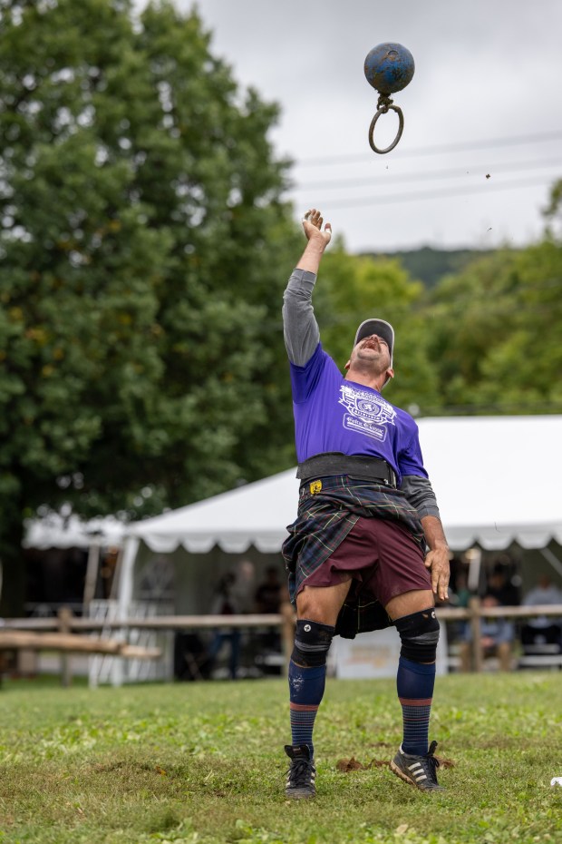 A competitor takes part in the 56-pound weight-for-height competition Sunday, Sept. 27, 2026, during the Celtic Classic Festival in Bethlehem. (Jonathan Broady/Special to The Morning Call)